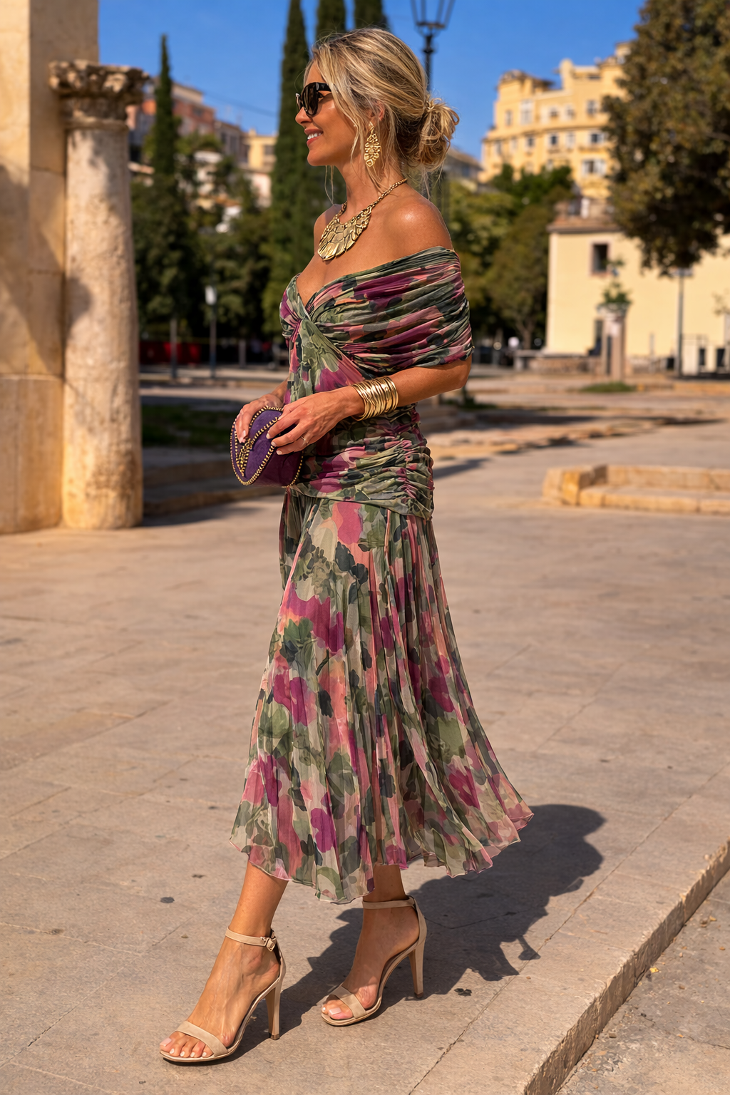 Chiffon Ruched Waist Maxi Dress – Wrap V-Neck Wedding Guest Dress