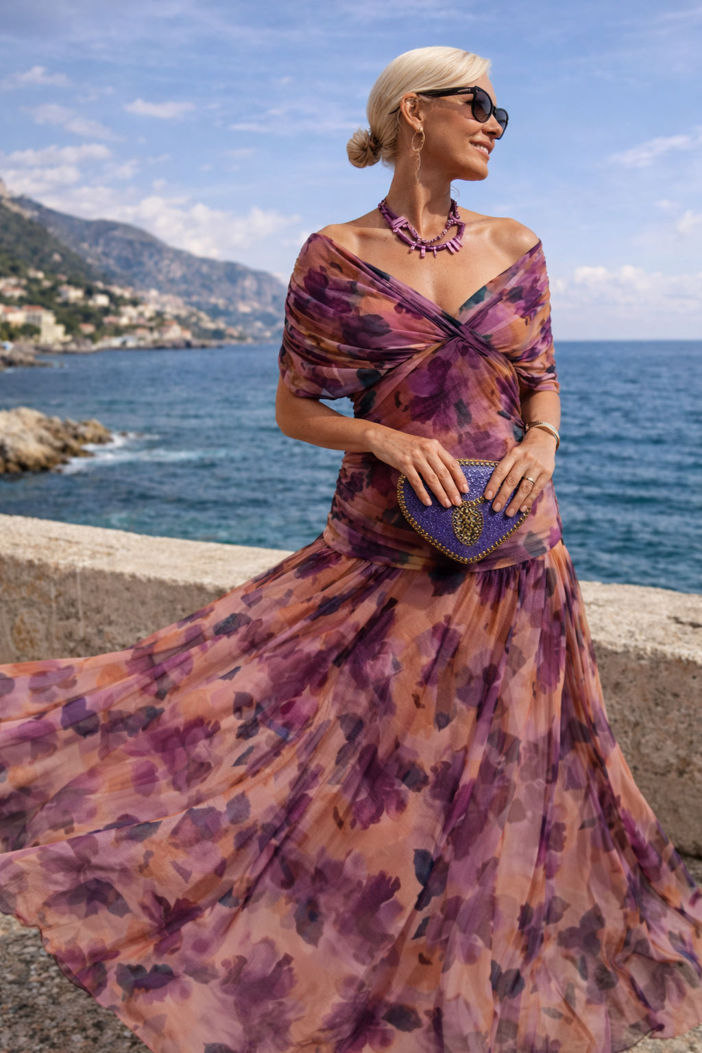 Chiffon Ruched Waist Maxi Dress – Wrap V-Neck Wedding Guest Dress