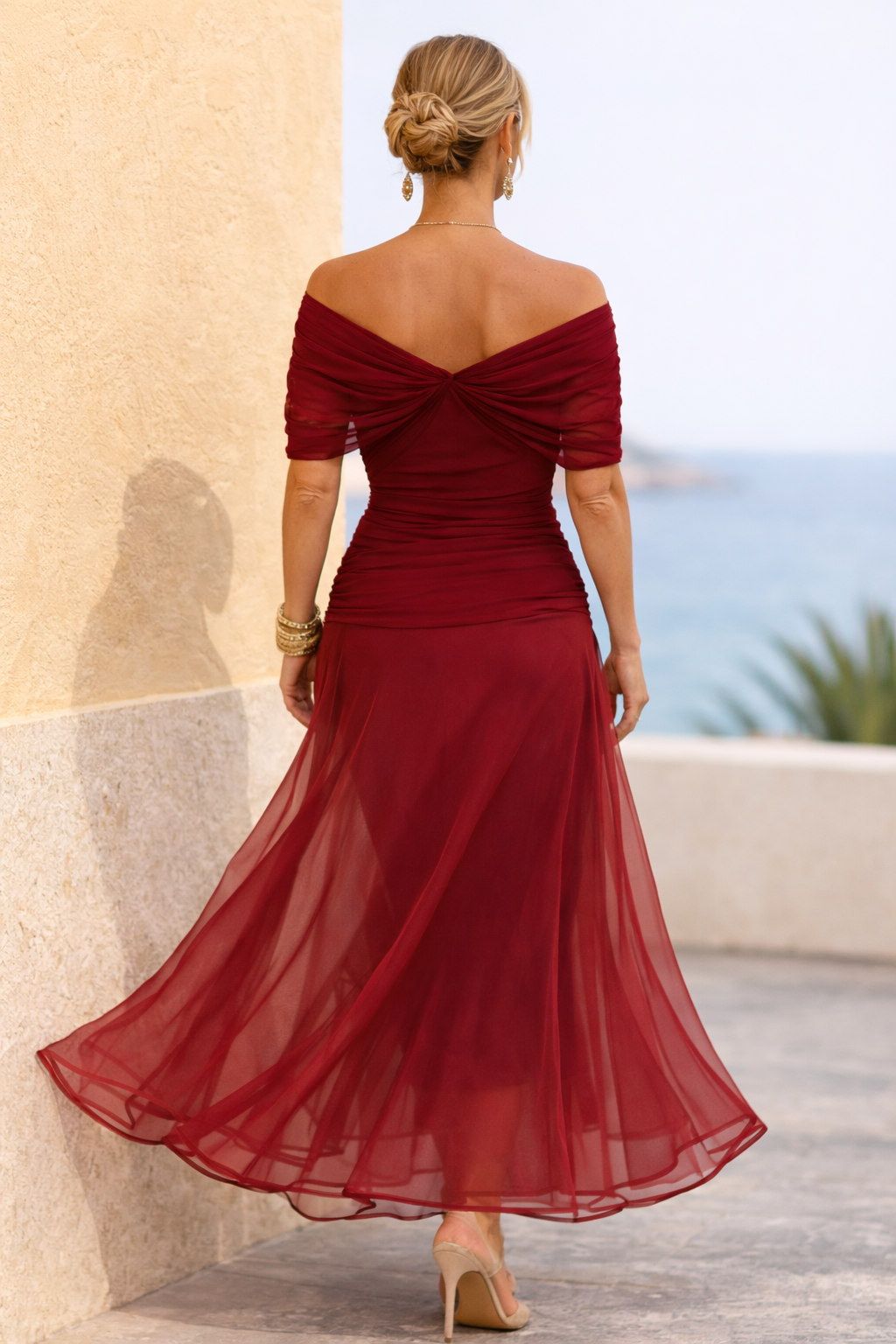 Chiffon Ruched Waist Maxi Dress – Wrap V-Neck Wedding Guest Dress