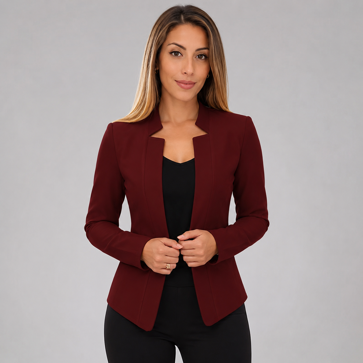 Open Front Knit Blazer – Collarless Long Sleeve Work Jacket