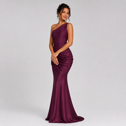 One Shoulder Satin Maxi Dress – Ruched Bodycon Wedding Guest Gown