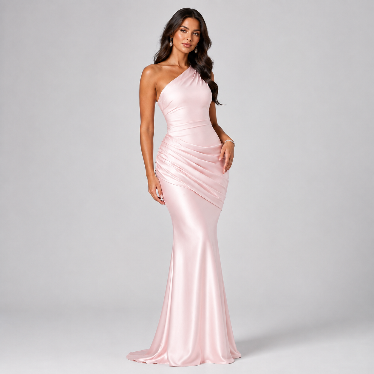 One Shoulder Satin Maxi Dress – Ruched Bodycon Wedding Guest Gown