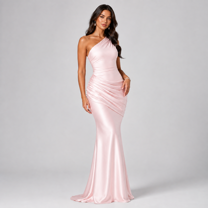 One Shoulder Satin Maxi Dress – Ruched Bodycon Wedding Guest Gown