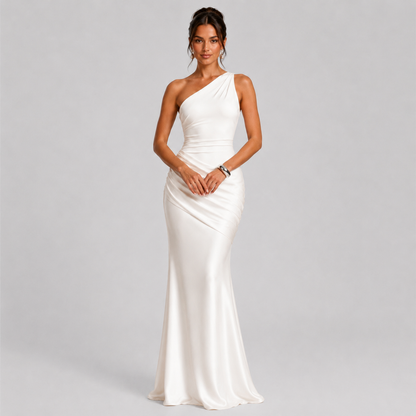 One Shoulder Satin Maxi Dress – Ruched Bodycon Wedding Guest Gown