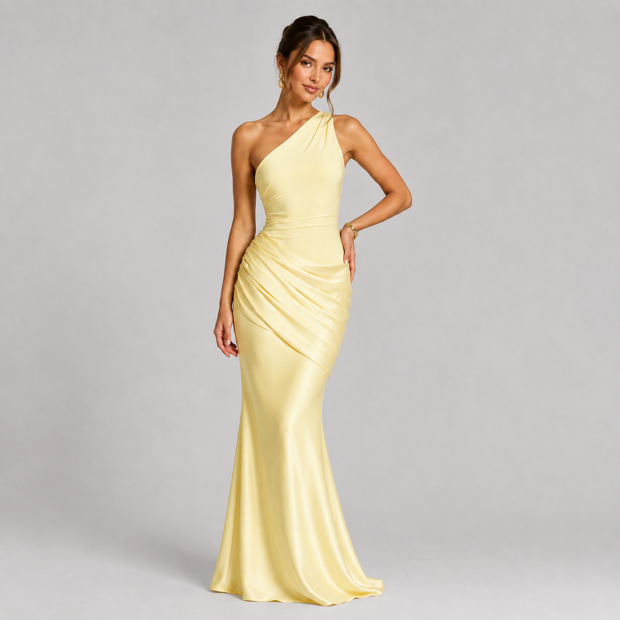 One Shoulder Satin Maxi Dress – Ruched Bodycon Wedding Guest Gown