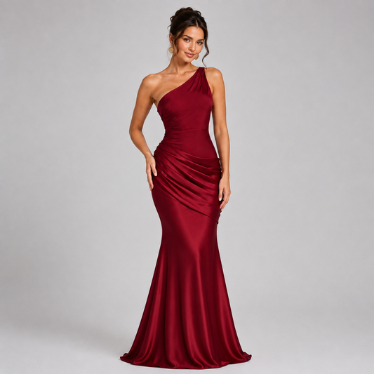 One Shoulder Satin Maxi Dress – Ruched Bodycon Wedding Guest Gown