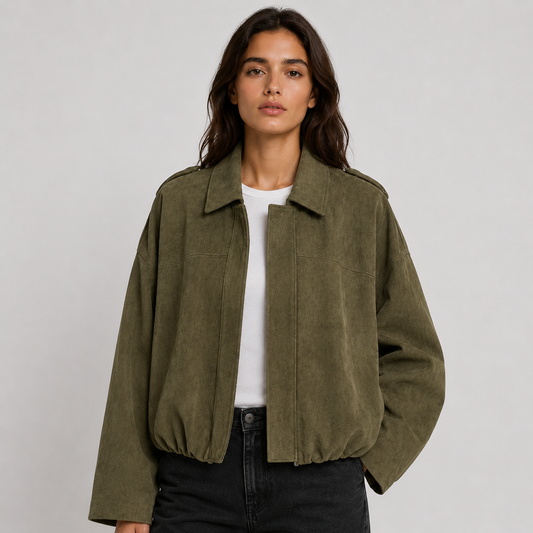 Faux Suede Bomber Jacket – Oversized Cropped Collared Outerwear