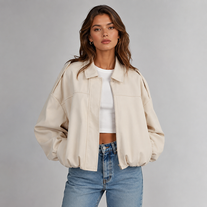 Faux Suede Bomber Jacket – Oversized Cropped Collared Outerwear