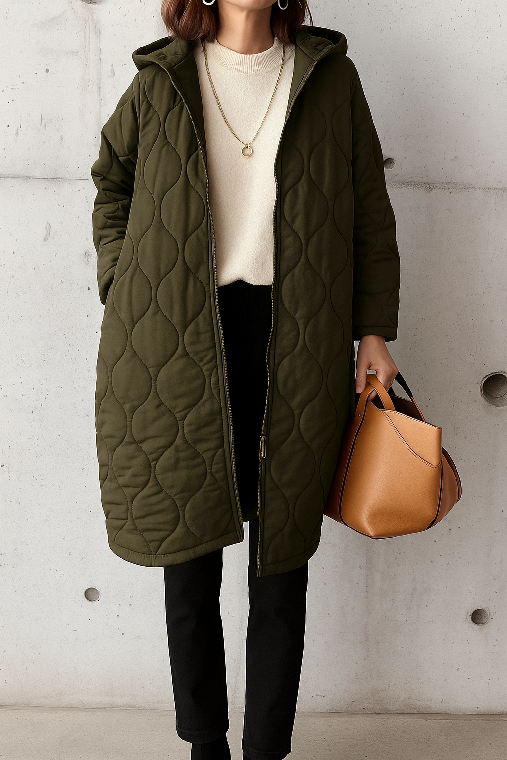 Quilted Hooded Long Coat – Women's Padded Parka Zip-Up