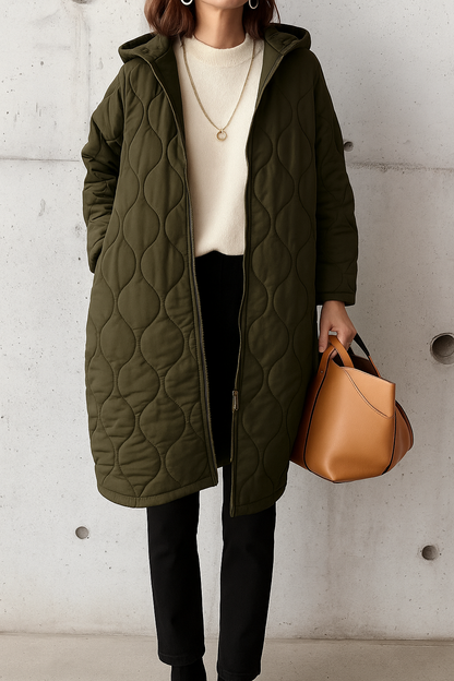 Quilted Hooded Long Coat – Women's Padded Parka Zip-Up