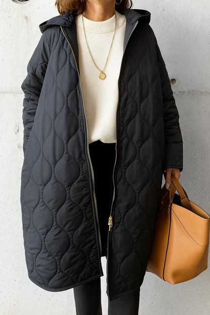 Quilted Hooded Long Coat – Women's Padded Parka Zip-Up