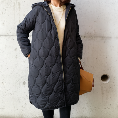 Quilted Hooded Long Coat – Women's Padded Parka Zip-Up