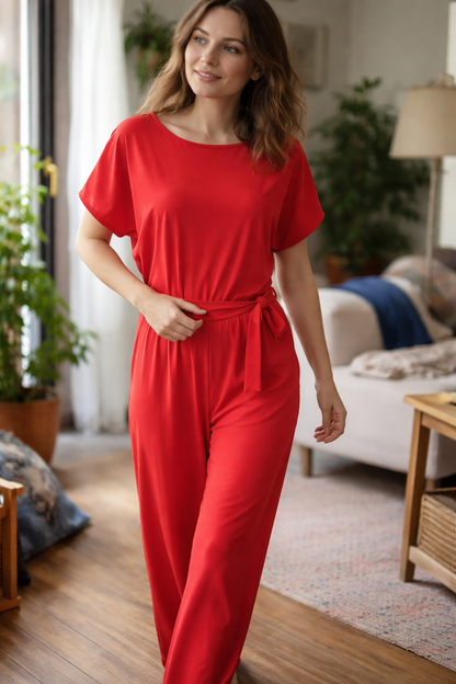 Wide Leg Jumpsuit Short Sleeve – Belted Tie-Waist Casual Romper