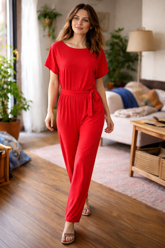 Wide Leg Jumpsuit Short Sleeve – Belted Tie-Waist Casual Romper