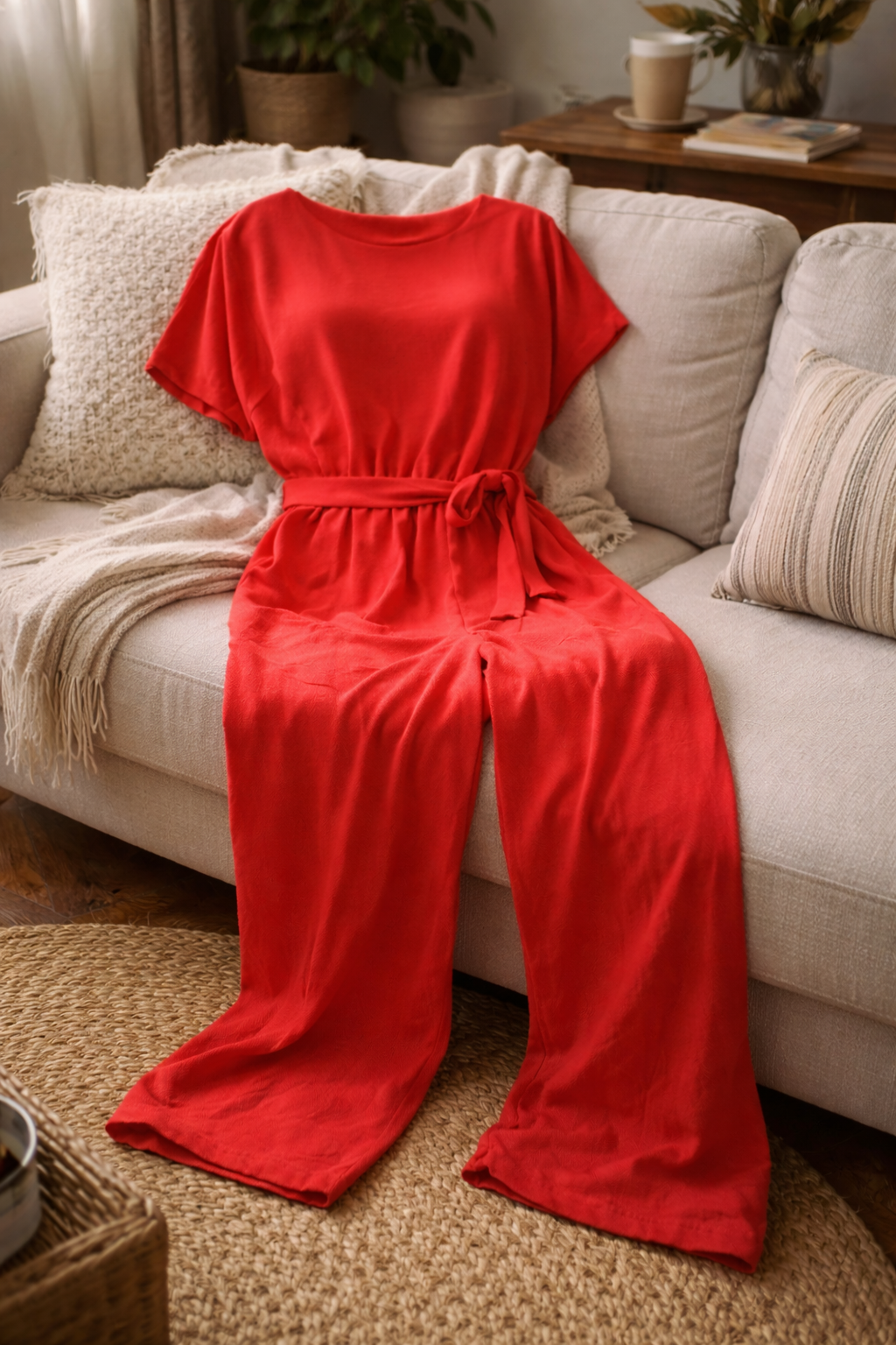 Wide Leg Jumpsuit Short Sleeve – Belted Tie-Waist Casual Romper