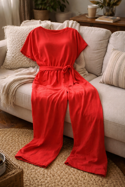 Wide Leg Jumpsuit Short Sleeve – Belted Tie-Waist Casual Romper