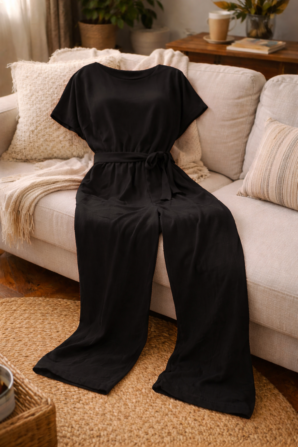 Wide Leg Jumpsuit Short Sleeve – Belted Tie-Waist Casual Romper