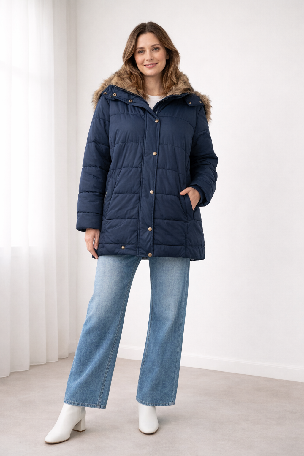Quilted Puffer Coat Women – Faux Fur Hood Snap Button Oversized Jacket