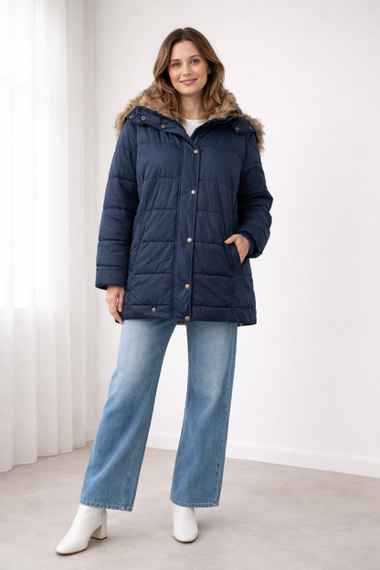 Quilted Puffer Coat Women – Faux Fur Hood Snap Button Oversized Jacket
