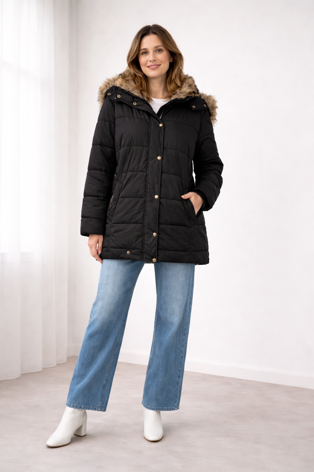 Quilted Puffer Coat Women – Faux Fur Hood Snap Button Oversized Jacket
