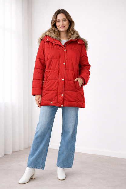 Quilted Puffer Coat Women – Faux Fur Hood Snap Button Oversized Jacket