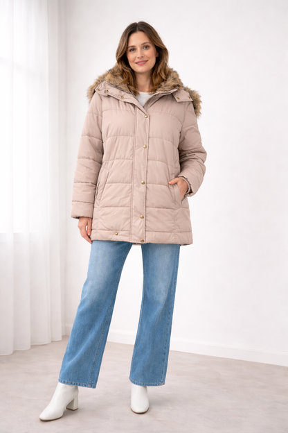 Quilted Puffer Coat Women – Faux Fur Hood Snap Button Oversized Jacket