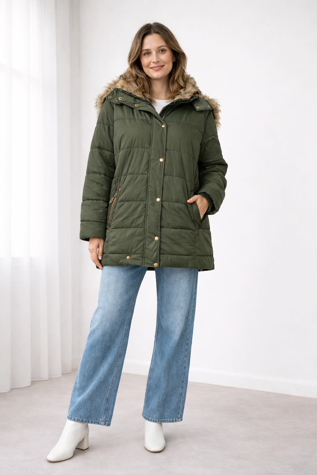 Quilted Puffer Coat Women – Faux Fur Hood Snap Button Oversized Jacket