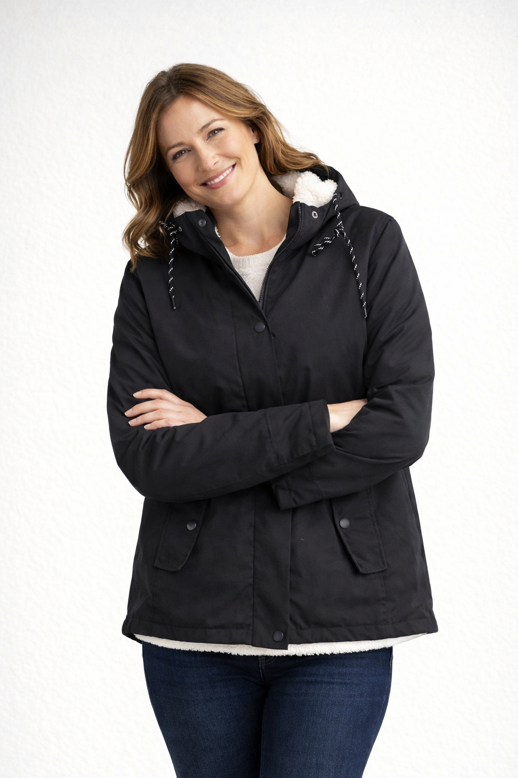 Sherpa-Lined Hooded Parka – Women's Winter Jacket with Snap Placket