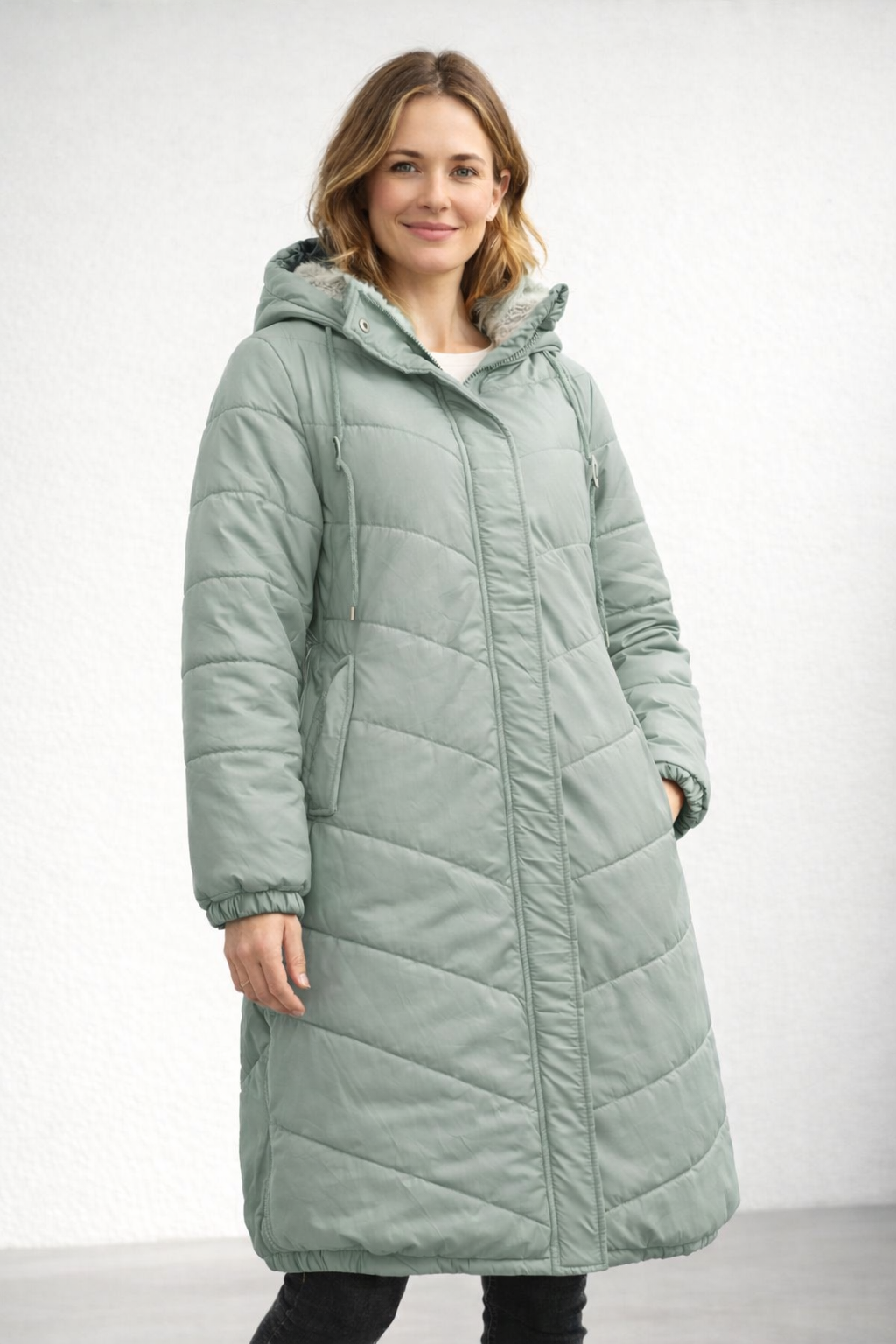 Long Quilted Puffer Coat – Hooded Sherpa Lined Winter Coat