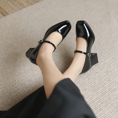 Patent Mary Jane Block Heel Pumps – Square Toe Ankle Strap