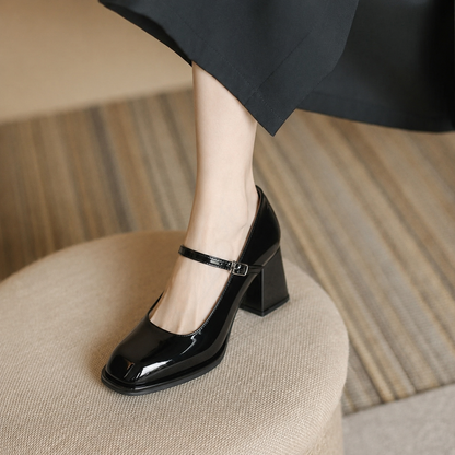 Patent Mary Jane Block Heel Pumps – Square Toe Ankle Strap