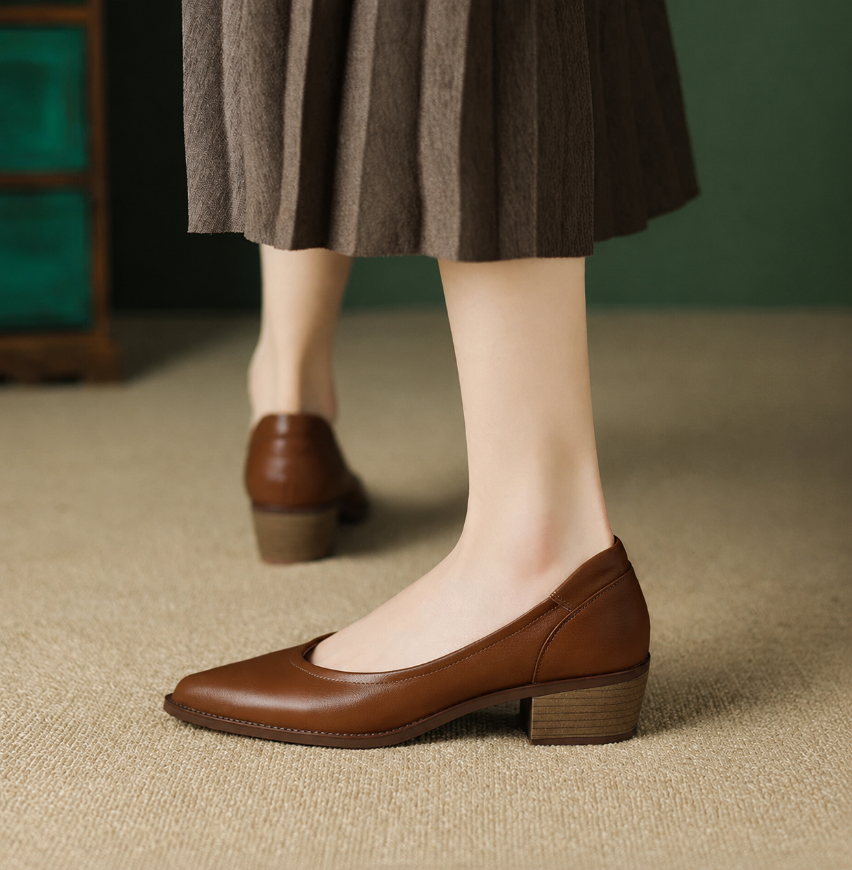 Pointed Toe Block Heel Pumps – Slip-On Low Heel Work Shoes