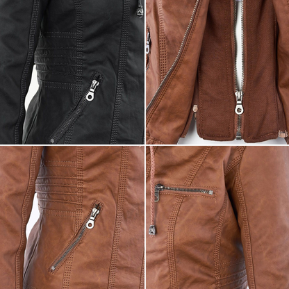 Faux Leather Moto Jacket Women – Removable Hood Zip-Up Biker Jacket