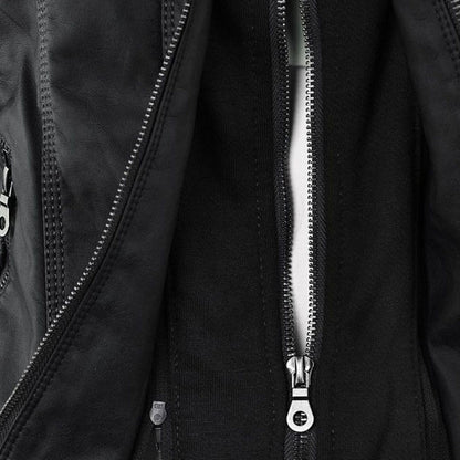 Faux Leather Moto Jacket Women – Removable Hood Zip-Up Biker Jacket