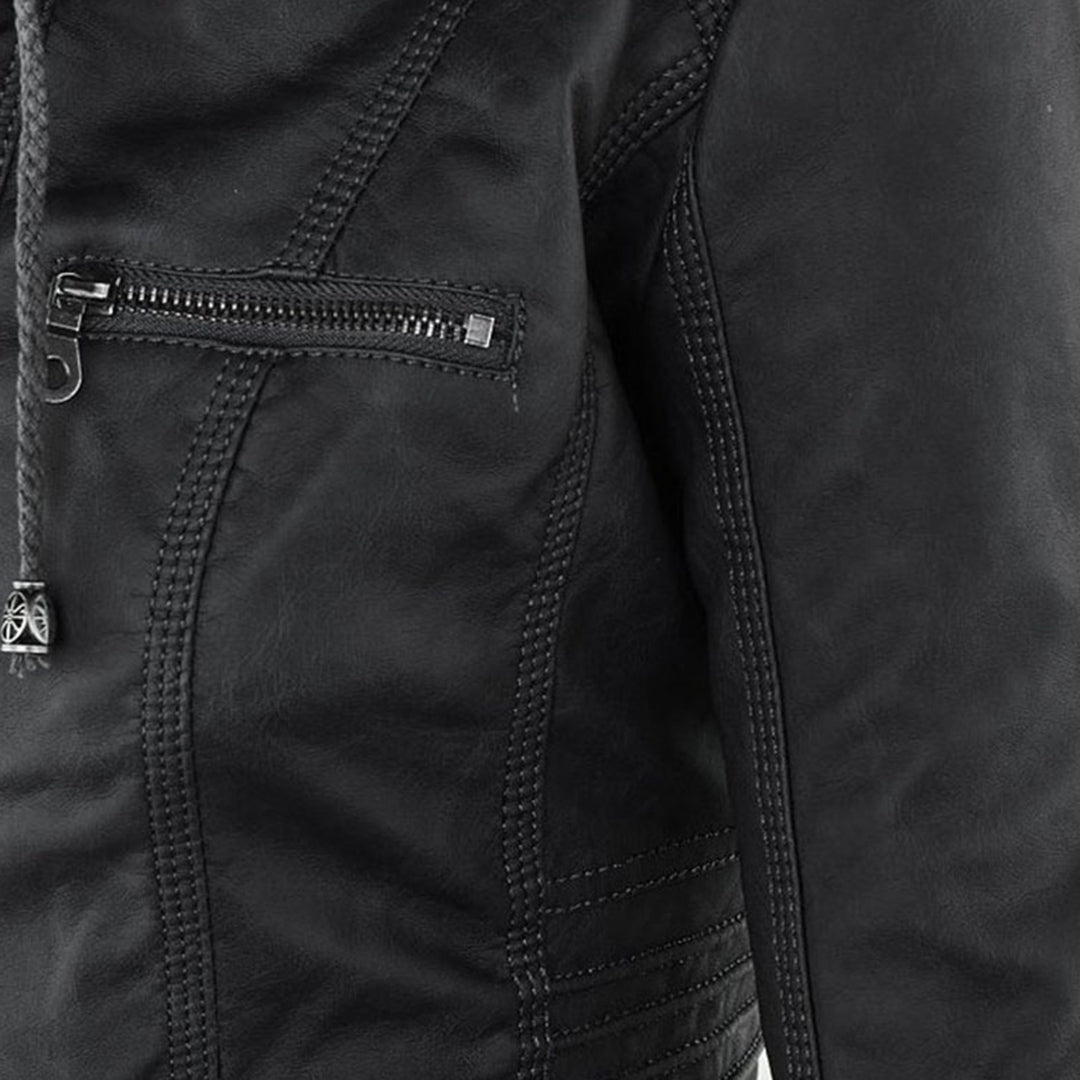 Faux Leather Moto Jacket Women – Removable Hood Zip-Up Biker Jacket