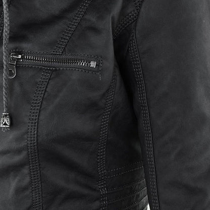 Faux Leather Moto Jacket Women – Removable Hood Zip-Up Biker Jacket