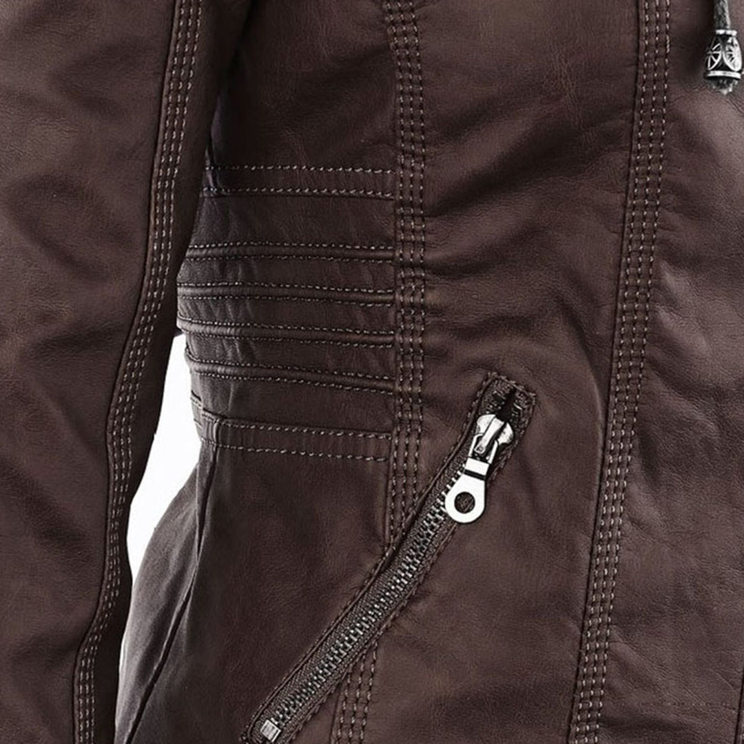 Faux Leather Moto Jacket Women – Removable Hood Zip-Up Biker Jacket