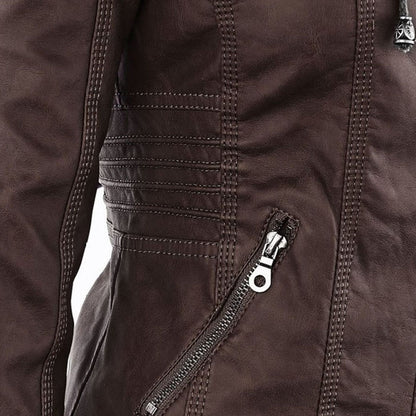 Faux Leather Moto Jacket Women – Removable Hood Zip-Up Biker Jacket
