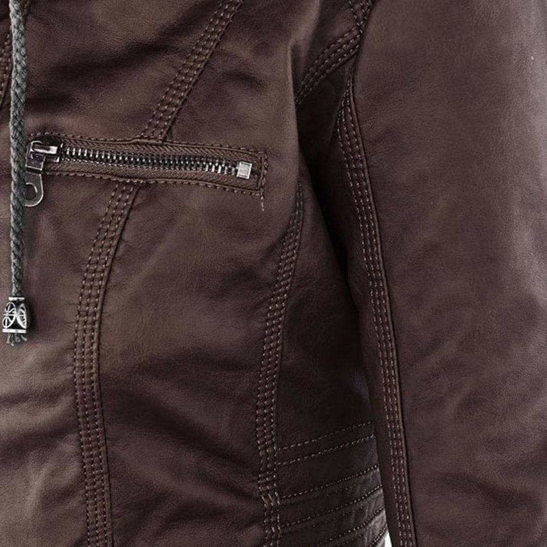 Faux Leather Moto Jacket Women – Removable Hood Zip-Up Biker Jacket