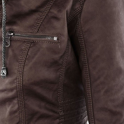 Faux Leather Moto Jacket Women – Removable Hood Zip-Up Biker Jacket