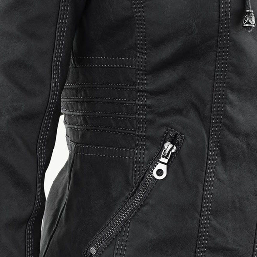 Faux Leather Moto Jacket Women – Removable Hood Zip-Up Biker Jacket