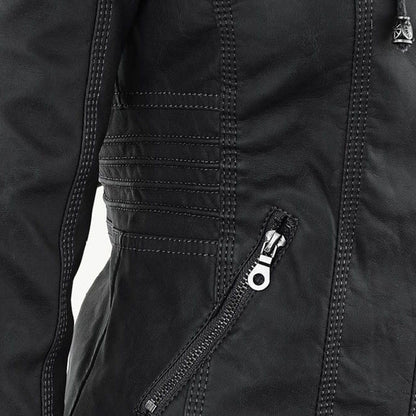Faux Leather Moto Jacket Women – Removable Hood Zip-Up Biker Jacket