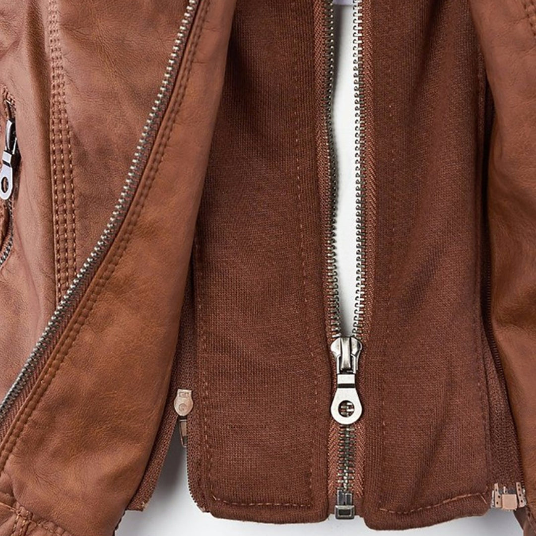 Faux Leather Moto Jacket Women – Removable Hood Zip-Up Biker Jacket