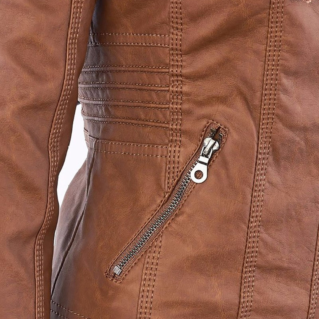 Faux Leather Moto Jacket Women – Removable Hood Zip-Up Biker Jacket