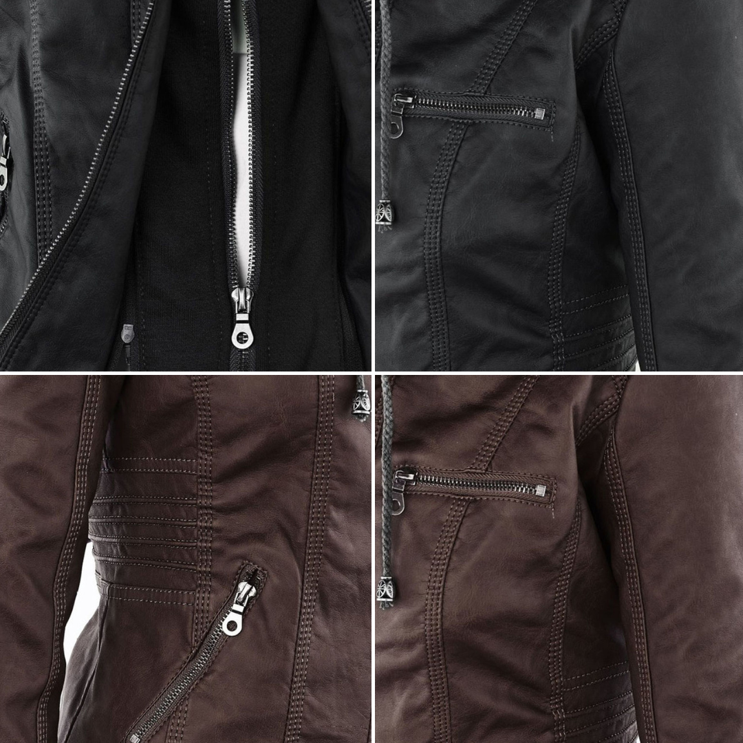 Faux Leather Moto Jacket Women – Removable Hood Zip-Up Biker Jacket