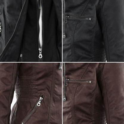 Faux Leather Moto Jacket Women – Removable Hood Zip-Up Biker Jacket
