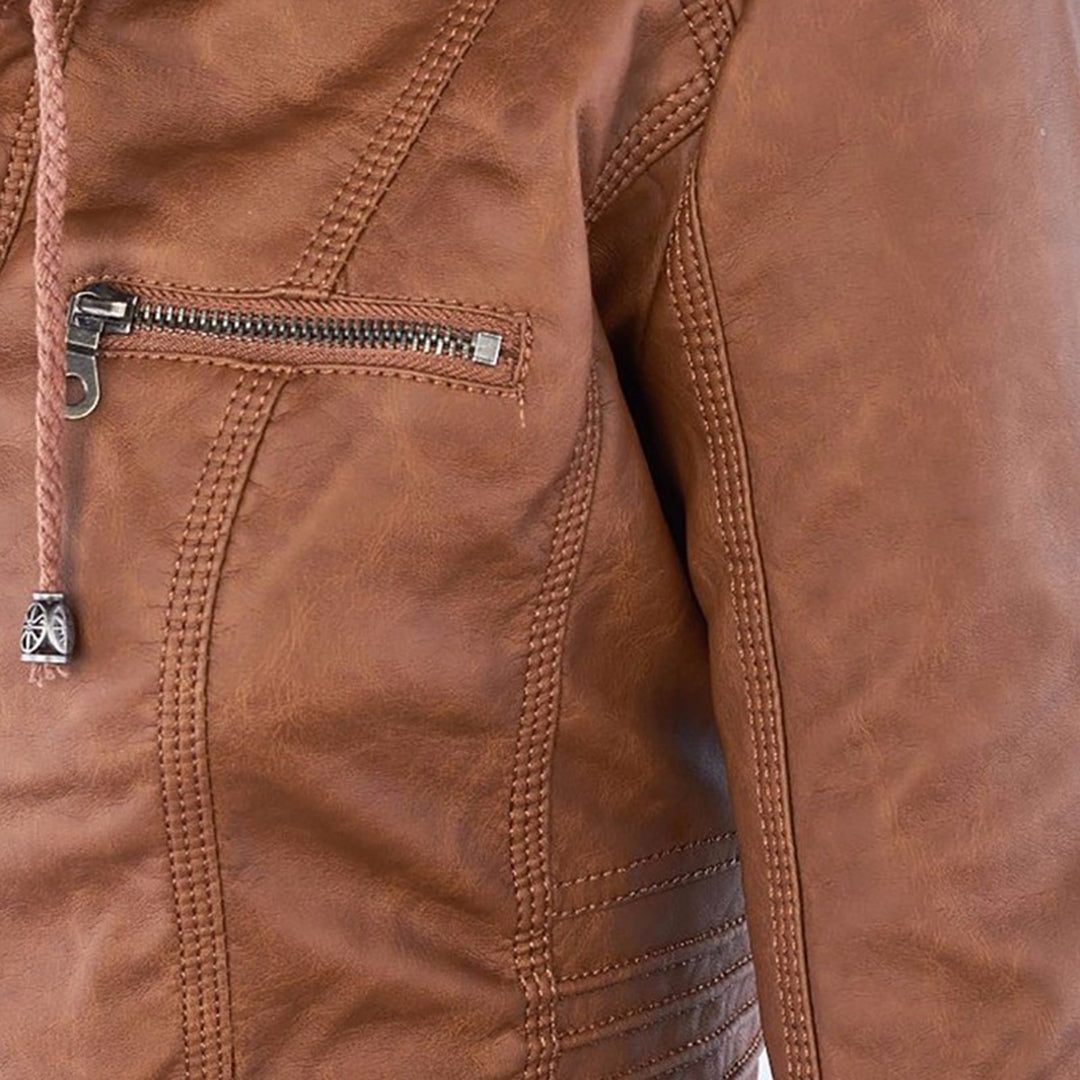 Faux Leather Moto Jacket Women – Removable Hood Zip-Up Biker Jacket