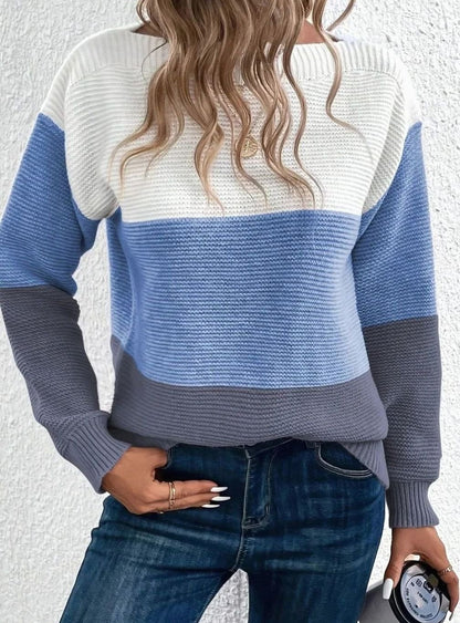 Color Block Knit Sweater – Boat Neck Relaxed Pullover