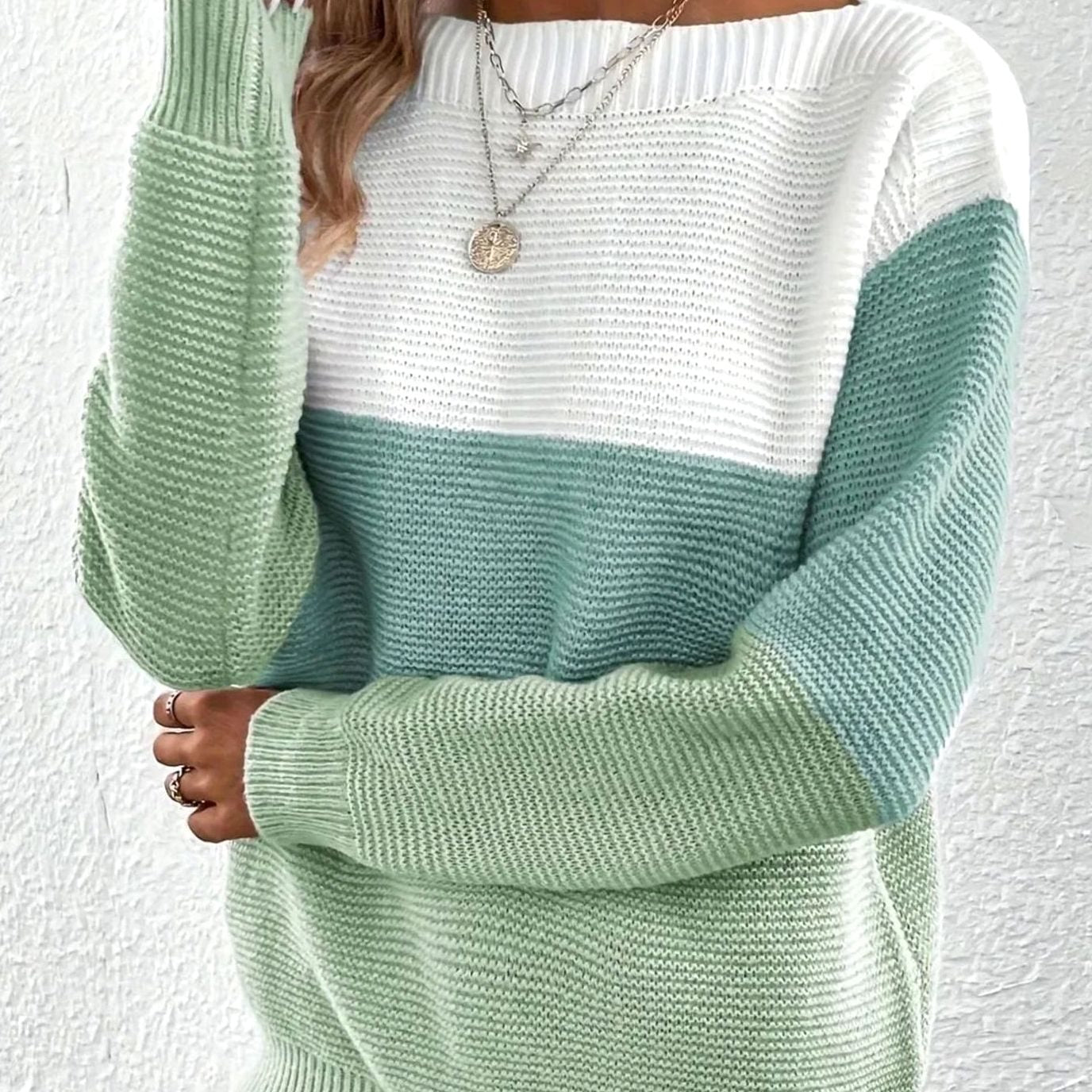 Color Block Knit Sweater – Boat Neck Relaxed Pullover