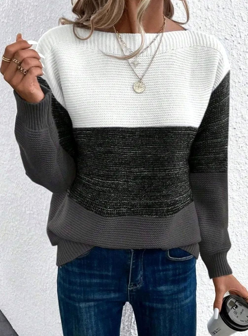Color Block Knit Sweater – Boat Neck Relaxed Pullover